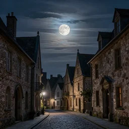 moonlit medieval city street, moon covered with thin long horizontal clouds, photorealistic