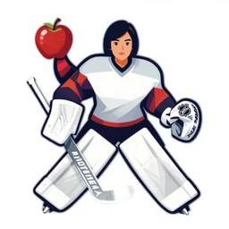 female teacher holding apple like puck in goalie pose vector logo, professional NHL sports style, flat colours, bright colours, Adobe EPS, SVG, professional, sharp edges