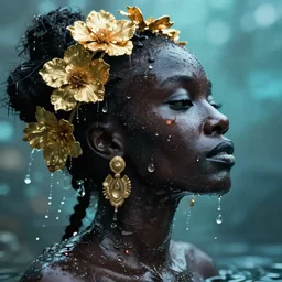 hyperrealistic precisionist cinematic profile very expressive! black oshun goddess, in water! up to shoulders, mirror dripping droplet!, gold flowers, highly detailed face, digital art masterpiece, smooth eric zener cam de leon, dramatic pearlescent turquoise light on one side, low angle uhd 8 k, shallow depth of field, abstract photography