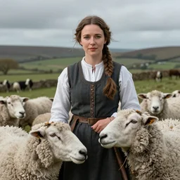 Photo of Native Irish woman Emilia Clarke, portrait, skilled shepherdess of sheep, ancient, realistic, detailed, Emilia Clarke