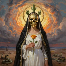 antoque realistic oil painting of a woman with metalic gold skeleton mask, wearing white and black virgin attire wearing an aureola made of gold, cactus and pearls over the head, holding a rose in a hand, with warm backlight behind a whirlpool of clouds forming acircular background. sunset light. beneath there's a barren land with serpents. apocalyptic.
