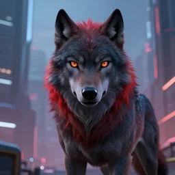 portrait of a anthropomorphic dark gray wolf with red hair in a futuristic city, hyper detailed, digital art, trending in artstation, cinematic lighting, studio quality, smooth render, unreal engine 5 rendered, octane rendered, art style by pixar dreamworks warner bros disney riot games and overwatch.
