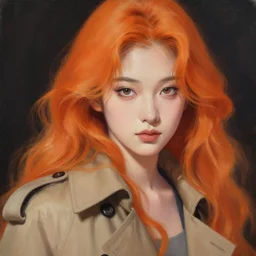portrait painting by shigenori soejima, beautiful foxgirl, focus on face, pretty, cinematic lighting, painterly, long wavy orange hair, light brown trenchcoat