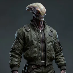 fantasy character portrait, alien creature, wearing bomber jacket, ultra realistic, wide angle, dramatic lighting, highly detailed by aaron horkey, frazetta, simon bisley
