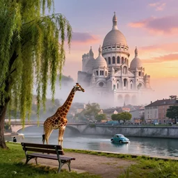 masterpiece, willow, mountain, city, park bench, river, giraffe, umbrella, vw beetle, basilica sacre coeur, swirl, mist, fog, sunset, surreal, fantasy, by andreas franke and santiago calatrava, rhads, digital art, highly detailed, artstation, 8 k hdr