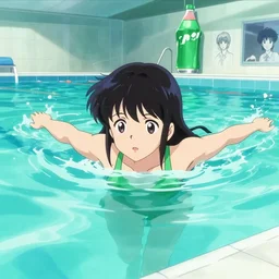 girl swimming in an indoor pool in hungary, sprite, vaporwave nostalgia, green and white color palette, directed by beat takeshi, visual novel cg, 8 0 s anime vibe, kimagure orange road, maison ikkoku, sketch by osamu tezuka, directed by makoto shinkai and beat takeshi