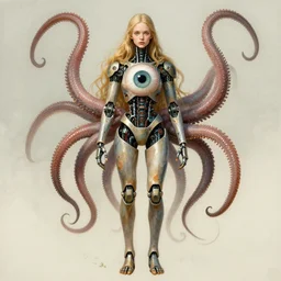 girl full body cyborg Polyphemus concept art with one huge eye. Extremely high detail, details, realistic, solo, masterpiece, colorful, art by Arthur Rackham, Muzinabu, Johann Tischbein, Zdzisław Beksiński