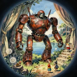 wholesome animation key shot, fish eye lens, intricate, dwarfed by the rusty robot schwerer gustav!!!!, cloth curtains, stairs, dandelion seeds, lake, ambient occlusion, studio ghibli, pixar, disney concept art watercolor illustration by craig mullins, dean cornwell, nc wyeth, satoshi kon!