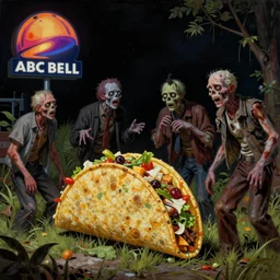 abandoned taco bell overgrown with nature serving zombies. highly detailed science fiction painting by norman rockwell, frank frazetta, and syd mead. rich colors, high contrast, gloomy atmosphere, dark background. trending on artstation