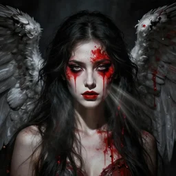 portrait of the death angel, beautiful female face, angelic, dark, blood, by jeremy mann, by lucian freud, god rays, warrior face painting red, wings