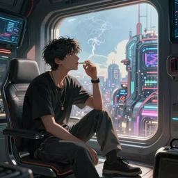 young man sits in his futuristic cyberpunk apartment, smoking a cigarette, looking out the window at a technologically advanced city, anime