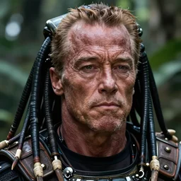 head very realistic!!!! close up arnold schwarzenegger in predator costume human face , close up detailed movie still from the predator in the jungle