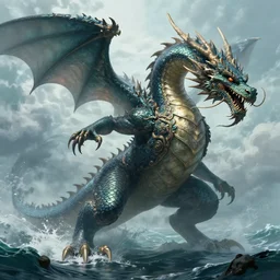 A monstrous giant sea dragon in the middle of the sea, fantasy art, in the style of greg rutkowski, illustration, epic, fantasy, intricate, hyper detailed, artstation, concept art, smooth, sharp focus, ray tracing