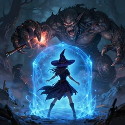 2 d art of a witch girl in a huge hat surrounding herself with a blue magical barrier to repel the attack of a huge monster, who is preparing to deliver a crushing blow, back view, in style of greg rutkowski and thomas kinkade, intricate, hdr, fantasy, dark fantasy, trending on pixiv, 8 k