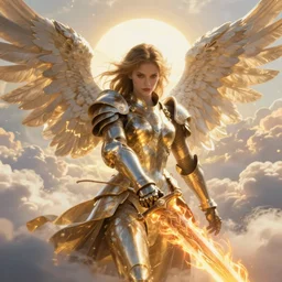 A beautiful fierce angel wearing metallic battle armor and a flaming sword, among heavenly sunlit clouds, close-up shot, intricate, elegant, digital painting, golden hour, cinematic, trending on artstation, concept art, smooth, sharp focus, illustration, art by artgerm and Greg Rutkowski and Alphonse Mucha