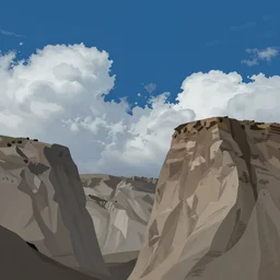 landscape 2 d by raphael lacoste and erikas perl, by g liulian, ruins, defined forms, beautiful cloudy deep blue sky, perfect composition, cliffs, no fog, detailed, flat ilustration, trending on artstation
