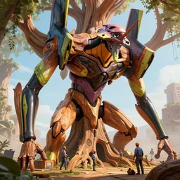 engineers work around a giant 1 0 0 ft orgainc wooden tree mech, solarpunk, organic mech made of wood, organic wooden neon genesis evangelion, cinematic lighting, octane render, 3 d pixar disney digital cgi rtx hdr painting, highly detailed, artstation cgsociety masterpiece, by syd mead, greg rutkowski, wlop, artger