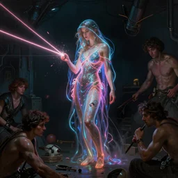 awe-inspiring award-winning concept art painting of attractive Emma Kenney anglerfish in neon shrouds as the goddess of lasers, sparks, by Michael Whelan, William Adolphe Bouguereau, John Williams Waterhouse, and Donato Giancola, cyberpunk, extremely moody lighting, glowing light and shadow, atmospheric, shadowy, cinematic, 8K,