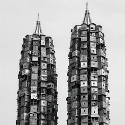 high towers made up of stacked makeshift squatter shacks, mamiya, 8 5 mm, f 1. 7, uniform plain sky, fine details, photographed by hiroshi sugimoto