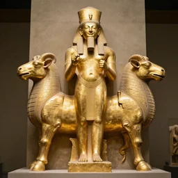 gold statue of gilgamesh, flanked by lamassu