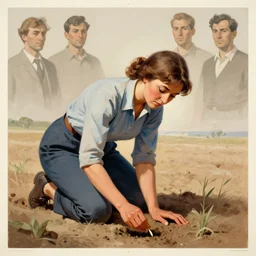 farmer woman kneeling planting a seed in the ground, limited neutral palette, by petros afshar, anton fadeev, dean ellis, beautiful graphic full body portrait, propaganda poster art 1 9 7 0 s illustrated advertising art, painterly character design