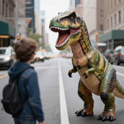 a dinosaur staring at a person in a dinosaur costume, in the middle of a road in new york.