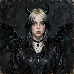 Billie Eilish as a demon succubus, oil on canvas, noir effect, artstation, by J. C. Leyendecker and Edmund Blair Leighton and Charlie Bowater,--width 1600