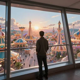 A man standing in a penthouse apartment looking out onto an endless amusement park
