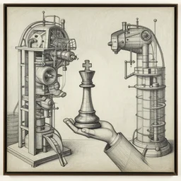 a concept drawing of marcel duchamp holding up a chess - piece wire - machine, a surrealist painting by marcel duchamp, complex artificial - intelligence machinery, 1 9 2 0 s