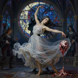 breathtaking detailed soft painting of grim reaper dancer in gauze dress, with long hair and piercing eyes in bleeding meat, in an intricate medieval stained glass moon, rembrandt style, elegant, highly detailed, artstation, concept art, matte, sharp focus, art by tom bagshaw, luis royo and greg rutkowski