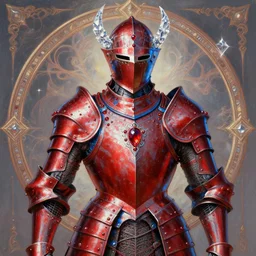 rococo style painting of full plate armor of crimson metal with azure blue lining and studded with rubys worn by fey king, impressive helmet, magic, enchanted, intricate, crystal, 8 k, artstation trending, masterwork