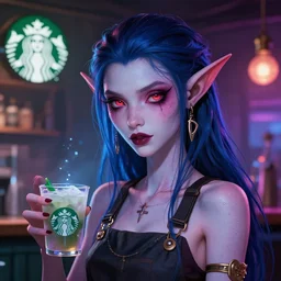 detailed character full face portrait of a skinny feminine alt art blood elf as a starbucks barista artgerm greg rutkowski mucha ross tran magical atmosphere neon colors