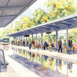 a beautiful insanely intricate watercolor illustration of modern bus station, reflexions, colorfull, by william turner art, by greg rutkowski, by james jean, by rossdraws, by frank franzzeta, by sakimichan, by edmund dulac, trending on artstation, insanely detailed, masterpiece,