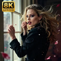 hyperrealistic portrait of a woman as kate moss as a vampire witch tears makeup in a black flower coat turned back while closing a window over the shoulder shot portrait torn apart with falling petals in wind. by jeremy mann and alphonse mucha, fantasy art, photo realistic, dynamic lighting, artstation, poster, volumetric lighting, very detailed faces, 4 k, award winning