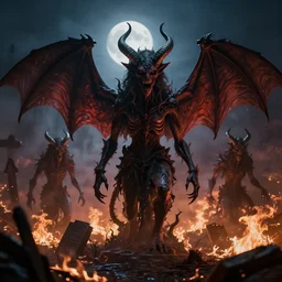 a photograph of demon statues demon statues with horns and bat wings in an overgrown burning graveyard, scary creatures, cosmic horror, morbid art, creepy art, sharp focus, cinematic, high angel distant shot, moonlight, hyper detailed, 4 k, octane render, deviantart,