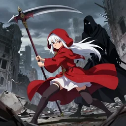 advanced digital anime art, white haired girl with a red hooded cloak holding a 5 feet scythe fighting the Grimm reaper in a ruined city, filmic lighting , by Makoto Shinkai. —W 1920 —H 1080