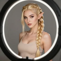 beautiful, sultry, confident, half elf with long blonde braided hair, character design, artstation, ring light, 4 k, 8 k