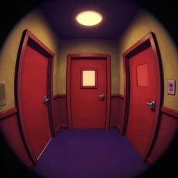 dimly lit, theater access corridor background, 3 doors, day of the tentacle style, fish eye, in the style of steven universe, color, vibrant