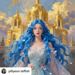 breathtaking detailed painting by pilyeon and teffish on instagram, a full shot queen with long flowing bright blue hair, gauze dress and pastel flowers petals and golden tumultuous clouds, symmetrical facial features, at dawn in front of a pristine golden art nouveau cathedral, elegant, highly detailed, artstation, concept art, matte, sharp focus,