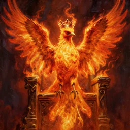Regal fiery bird, sitting on a throne with a crown on her head, Pre-Raphaelite, fiery bird, wings aflame, dramatic light, action painting, matte painting, trending on artstation