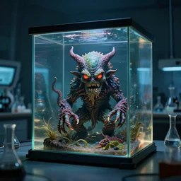 a large glass cube containing a lovecraft monster in a science laboratory, dramatic lighting, octane, trending on artstation, volumetric lighting — w 6 4 0