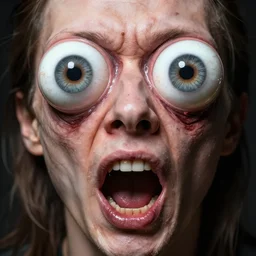 man with humongous eyeballs, soulless, disfigured mouth wide open, flesh,