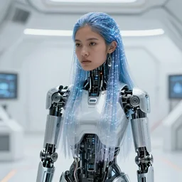 concept art of beautiful futuristic himba girl with robotic arms and optical fiber hair in a white space station, hyperrealistic, sci - fi