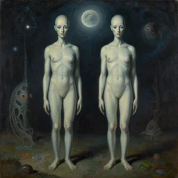 a painting of two fish people standing next to each other, a surrealist painting by jarosław jasnikowski, cgsociety, retrofuturism, lovecraftian, cosmic horror, dystopian art