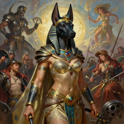 full portrait of a beautiful female Anubis warrior, Mystical Valkyrie, Regal, Realistic, Refined, Detailed Digital Art, Oil Painting, Choosing the Slain, Eternal Fantasy Mythic battle, William-Adolphe Bouguereau, Art Frahm, Steampunk, Walt Disney (1937), WLOP, Rossdraws, frank frazetta, dynamic lighting, daily deviation, very very very very very beautiful, character illustration by Greg Rutkowski, Thomas Kinkade, trending on artstation, Highly Detailed, Cinematic Lighting, Unreal Engine, 8k, HD