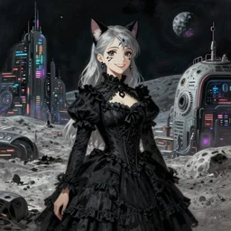 beautiful concept art of lunar cyberpunk city showing ciri from the withcer smiling with cat ears standing in a black gothic frilly dress, studio ghibli fantasy close, face painted by yoji shinkawa in great detail, scenery painted beautifully by greg rutkowski