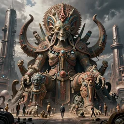detailed ultrarealistic photography of cyberpunk industrial postapocalyptic organic rustic robust tribal cthulhu statue craig mullins, vallejo, moebius, ian miller, wayne barlowe, greg rutkowski, mucha, brian froud, cinematic, full shot, symmetric
