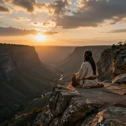 an shaman sitting at the top of a cliff, looking down at the valley, doing a vision quest, beautiful sunset, art by lilia alvarado