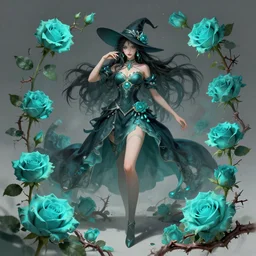fantasy female modern witch surrounded by turquoise roses and thorns, fullbody view, wide angle view, highly detailed, qichao wang, artgerm, cushart krenz, zeronis, trending on artstation, soft light, sharp edges, illustration, character design, concept art