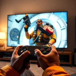 heavy from team fortress 2 playing portal 2 at tv with gamepad in hands, sfm render